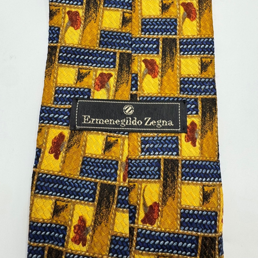 Ermenegildo Zegna Mens Silk Tie Yellow Blue Geometric Floral Weave Italy‎ Luxury - Picture 5 of 9